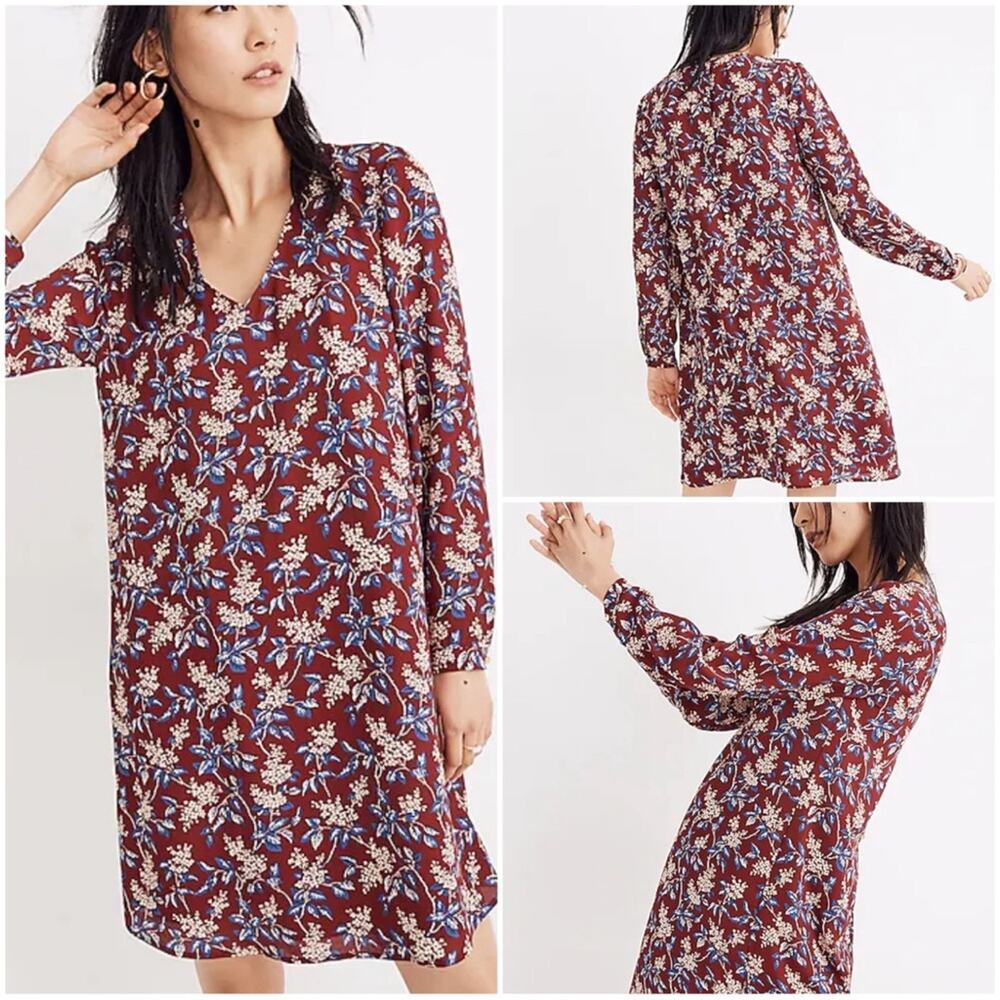 MADEWELL Button-Back Dress in Antique Flora October Dusty Burgundy Woman's XS